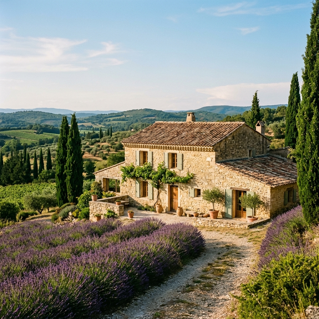 Bastide provençale en pierre avec une toiture en tuiles canal ocre restaurée dans le Var